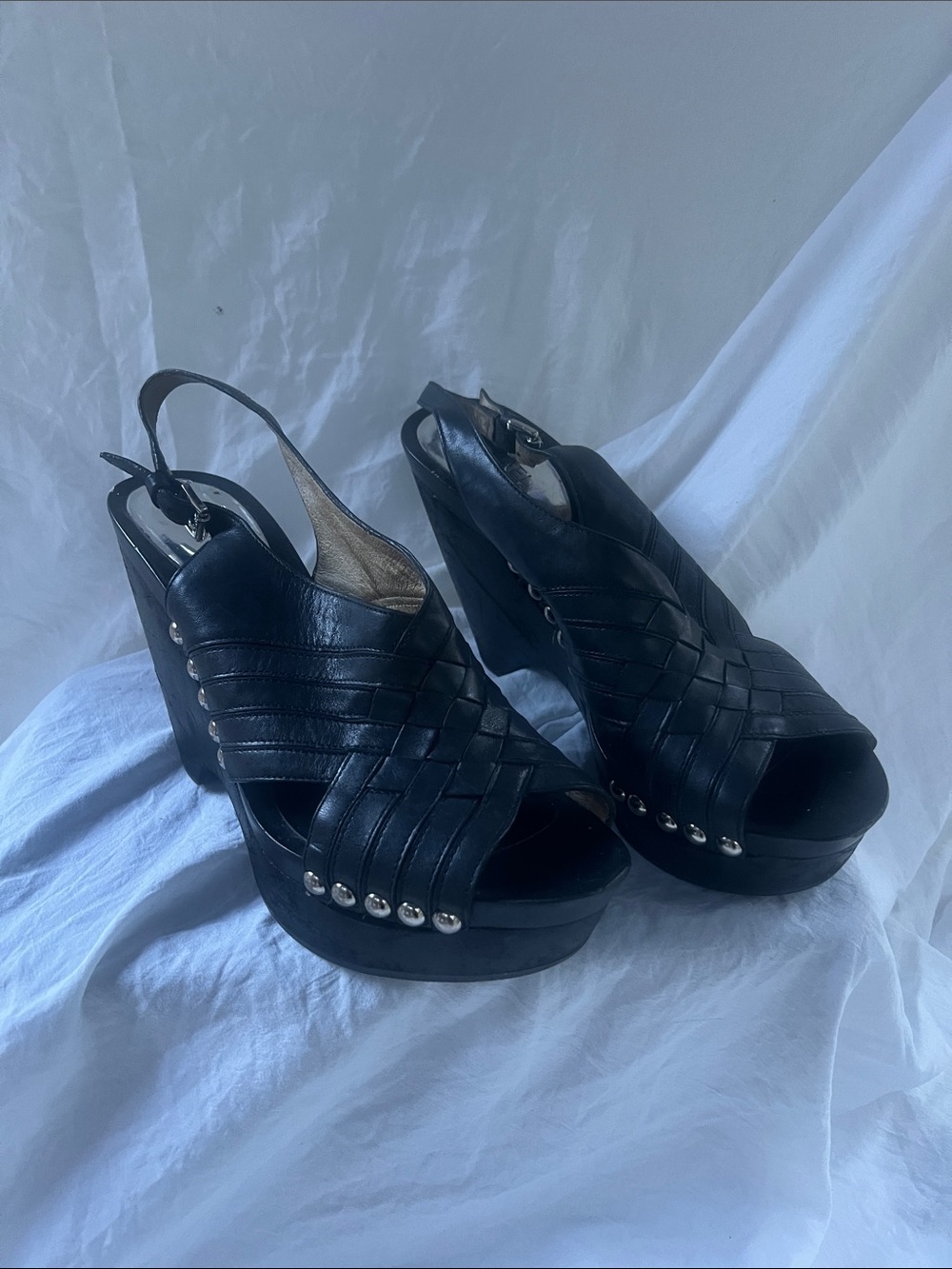 Michael Kors Black Woven Leather Platform Slingback Wedges with Studs